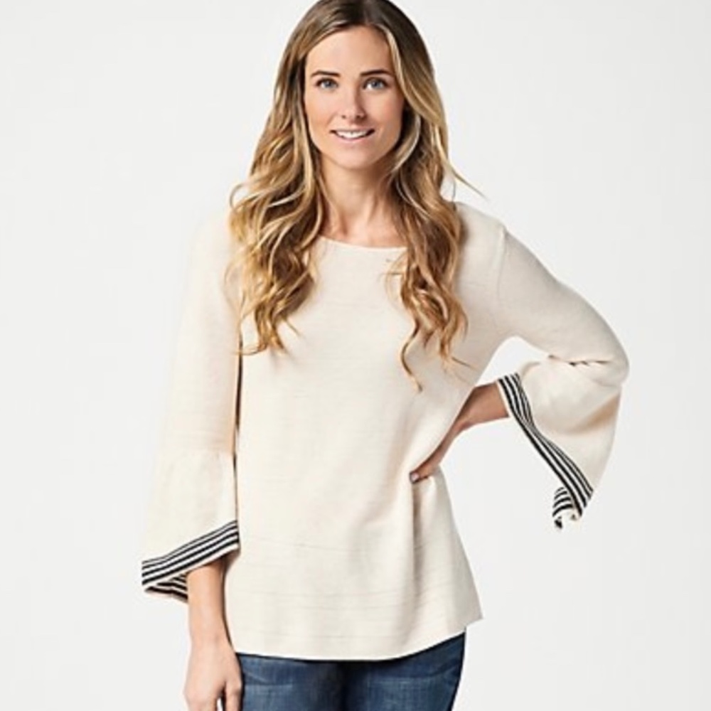 New Women’s Cascade Bell Sleeve Tunic Sweater Laurie Felt Ivory Black Accent XXS